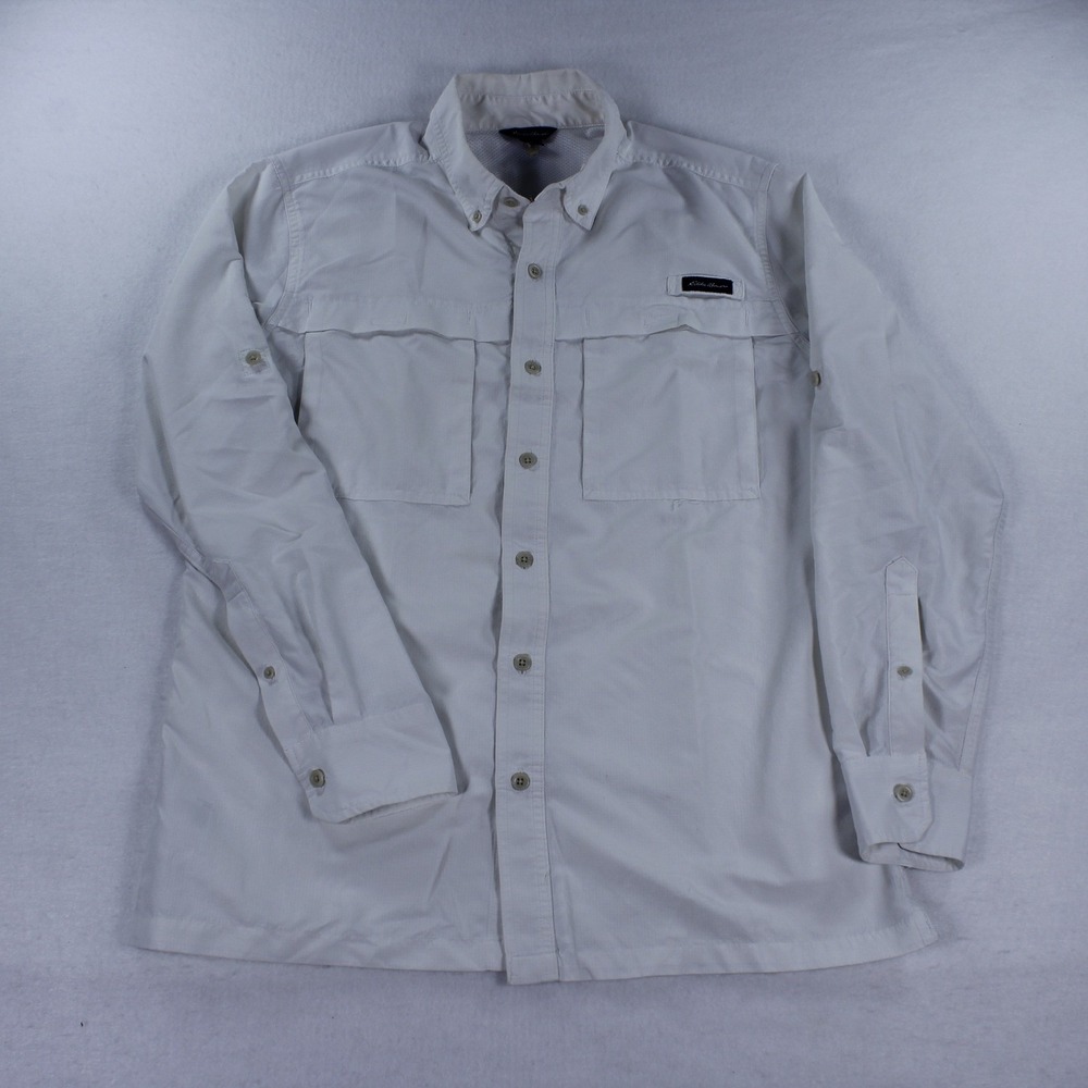 Eddie Bauer Men's M White Tech Long Sleeve Hiking Fishing Shirt Mesh Vented